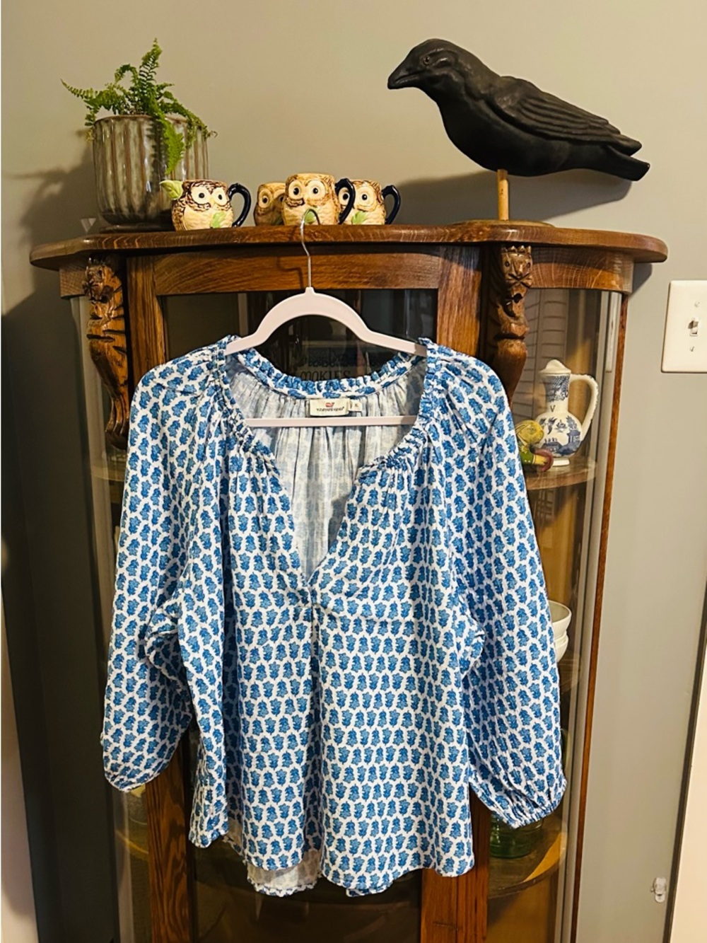 Vineyard Vines Blue White Printed Peasant Blouse